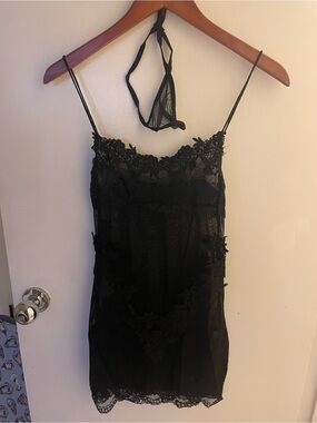 Sheer Black Lace Slip Dress with Halter Accent